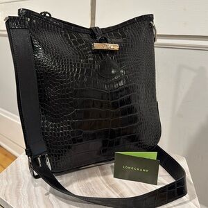 Longchamp Black Croc-Embossed Leather Crossbody Bag